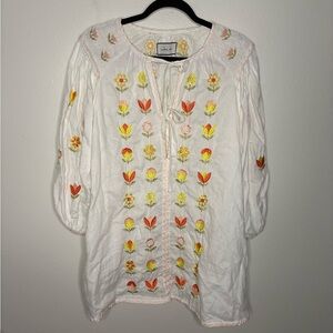 Innika Choo Smocked Embroidered Linen Mini Dress tulips OS